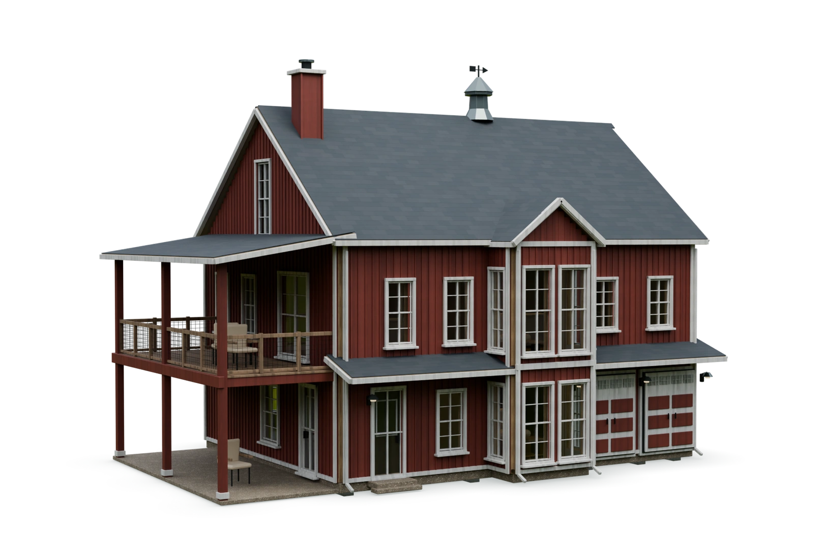 Architectural illustration of a barn-inspired home, assembling from its structure to the finished exterior