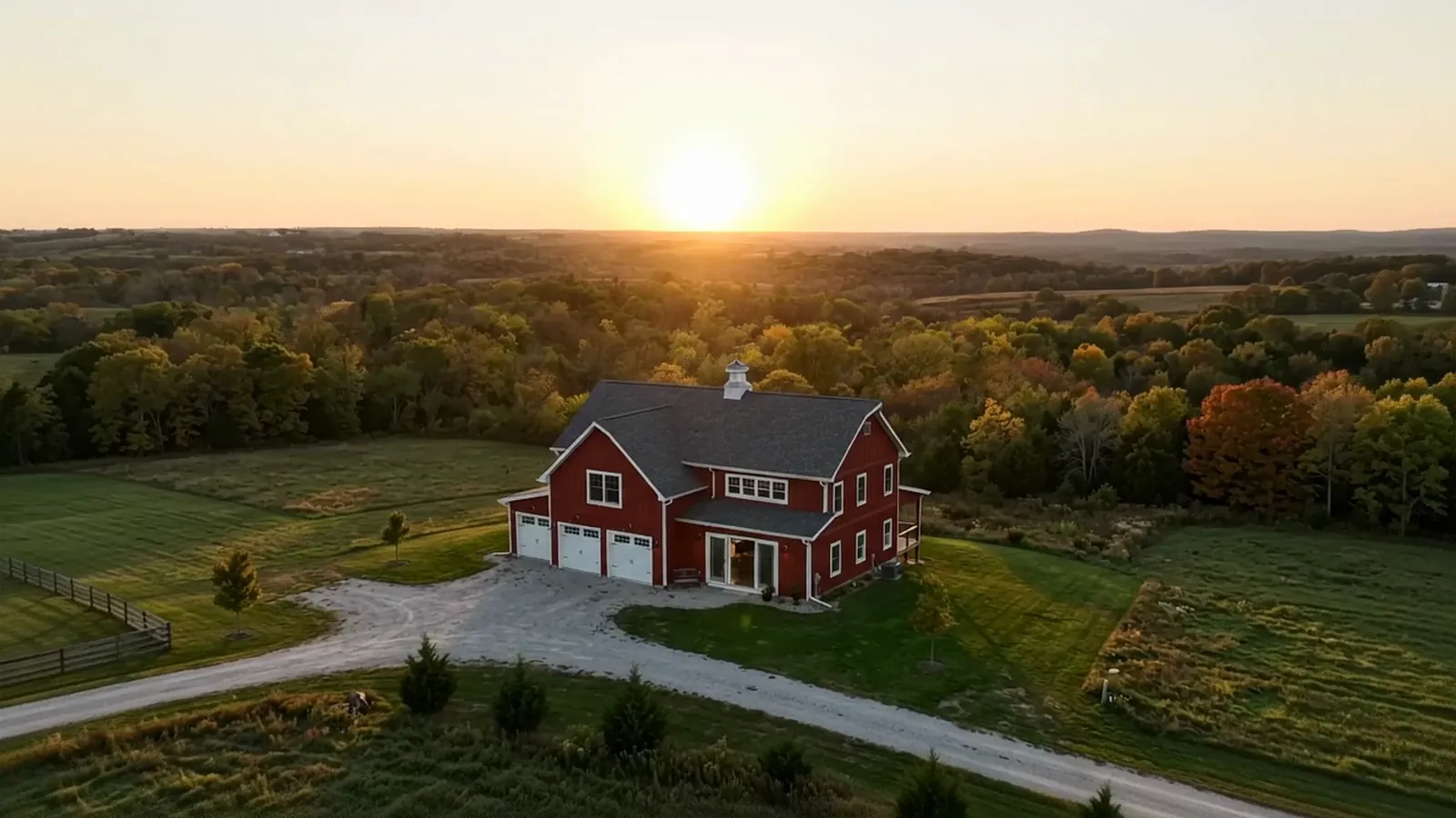 A generated visual study approaching a barn-inspired home at sunset