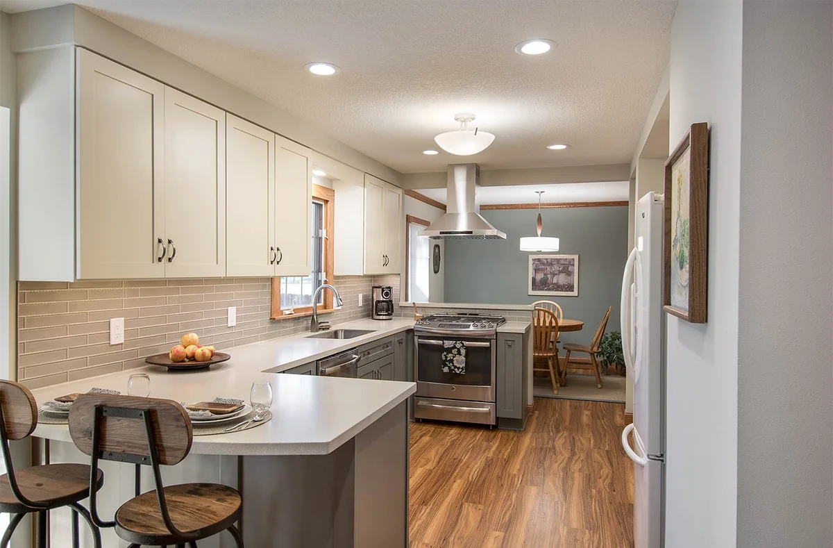The finished Medina kitchen, with an opening to the dining room